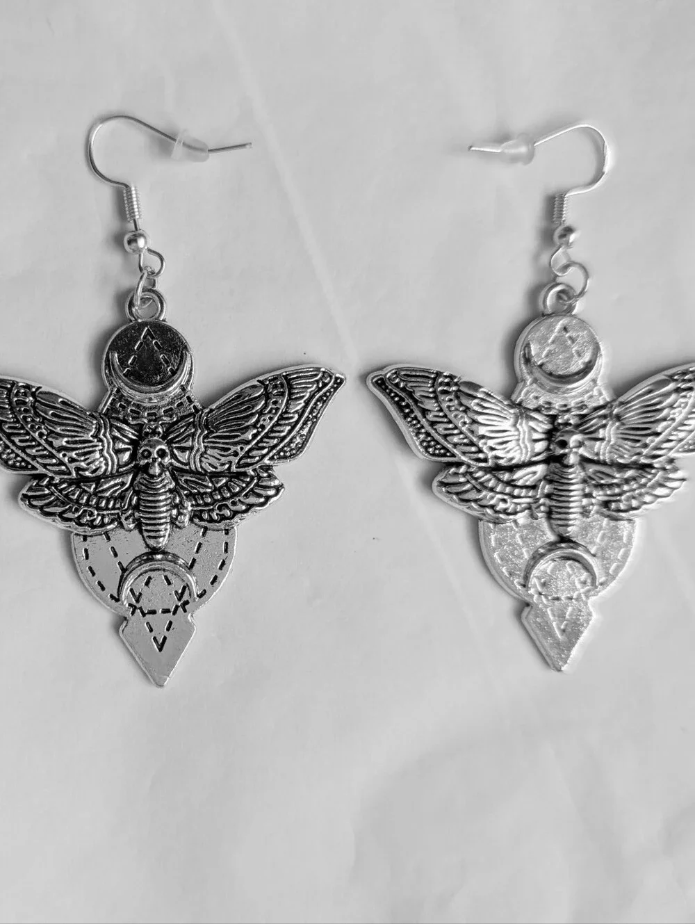 NWT Large Handmade Silver Lunar Death Moth Earrings